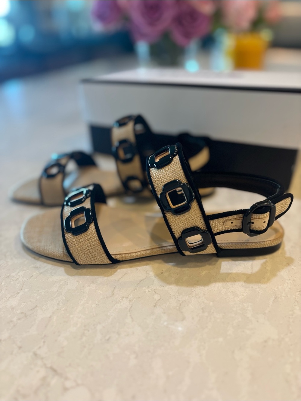 Larroude Milan Flat Sandal In Beige Raffia and Black Trimming - Picture 10 of 11